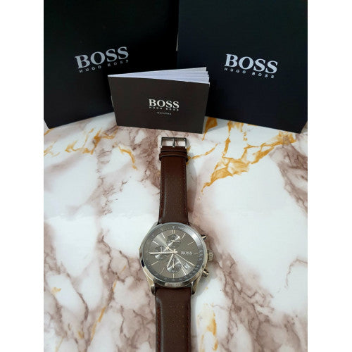 Hugo Boss Grand Prix Grey Dial Brown Leather Strap Watch for Men - 1513476