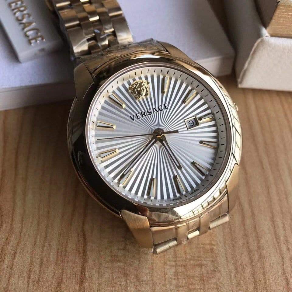Versace V-Urban Quartz White Dial Gold Steel Strap Watch For Men - VELQ00719