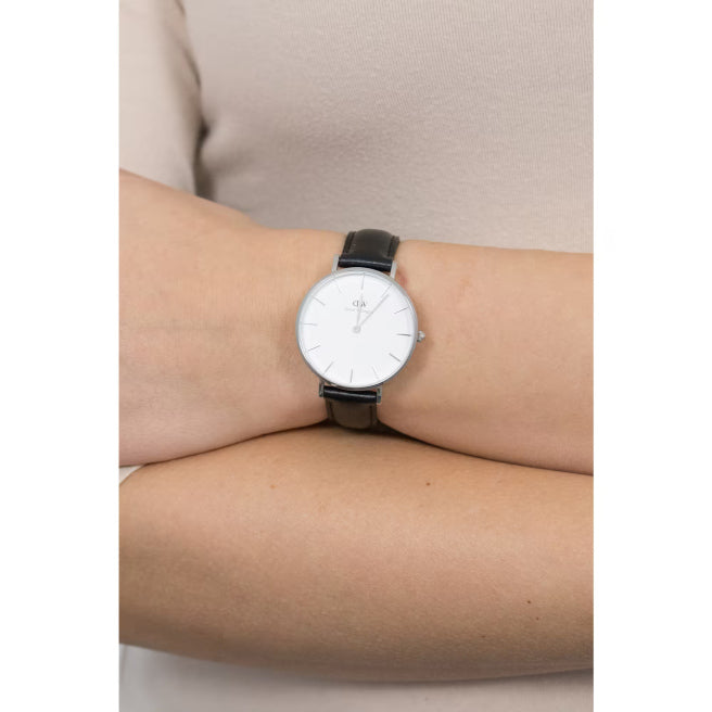 Daniel Wellington Classic Petite Sheffield White Dial Black Leather Strap Watch For Women - DW00100186