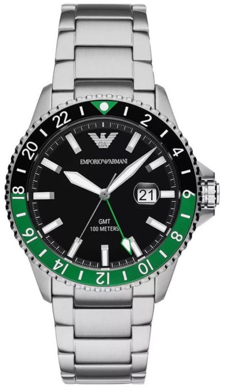 Emporio Armani Sea Explorer GMT Quartz Black Dial Silver Steel Strap Watch For Men - AR11589