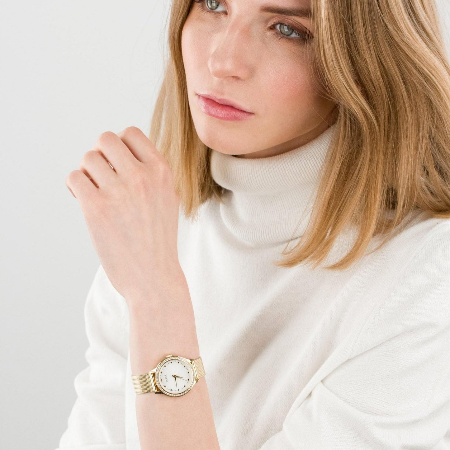 Guess Chelsea Crystals Mother of Pearl White Dial Gold Mesh Bracelet Watch For Women - W0647L7