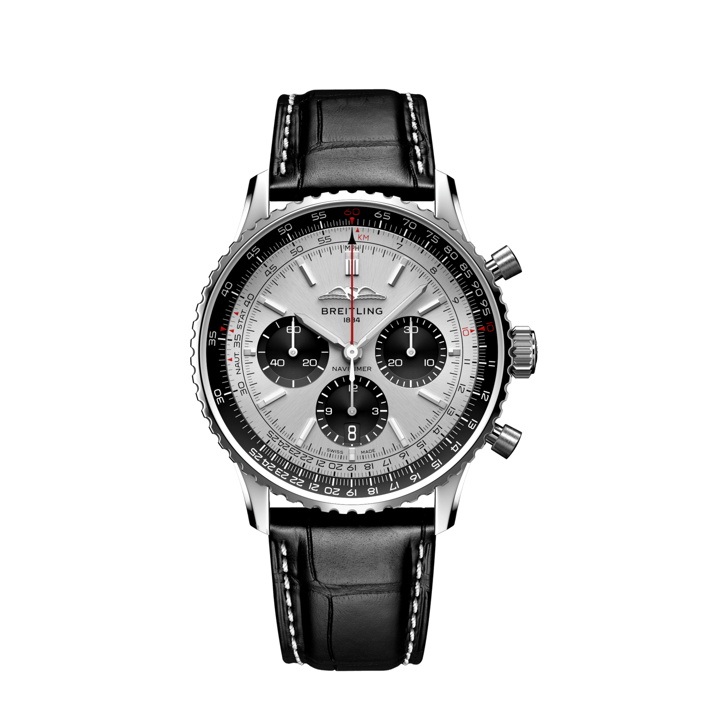 Breitling Navitimer B01 Chronograph 43 Silver Dial Black Leather Strap Watch for Men - AB0138241G1P1