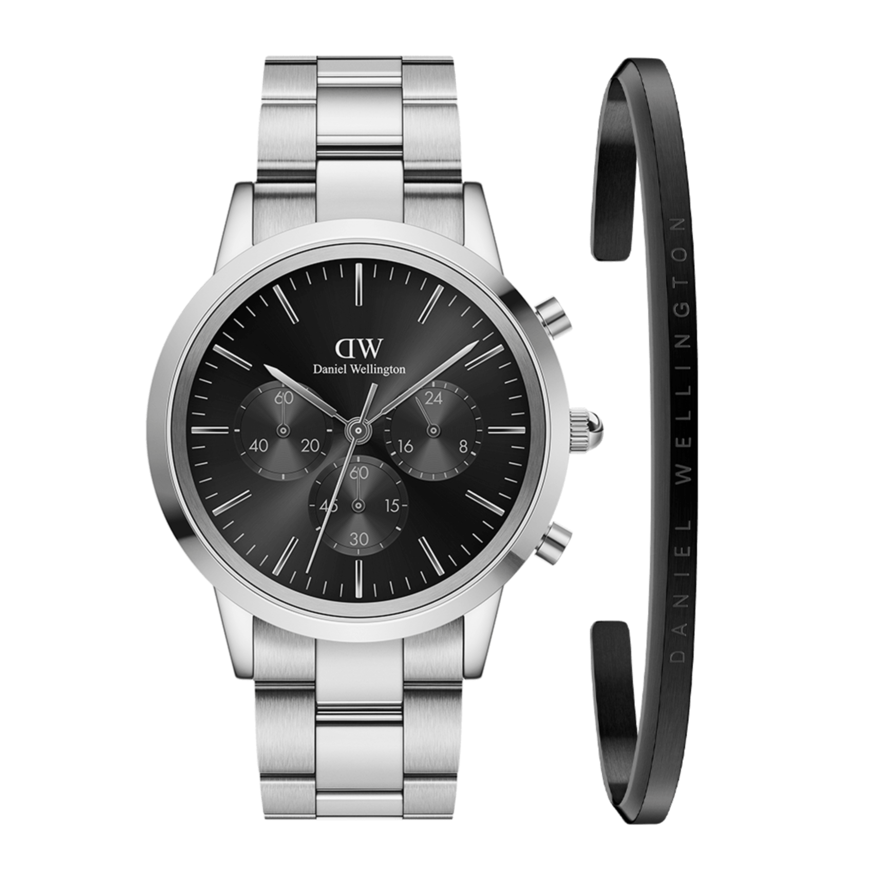Daniel Wellington Iconic Chronograph Link Black Dial Silver Steel Strap Watch For Men - DW00100645