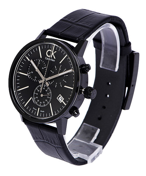 Calvin Klein Post Minimal Chronograph Black Dial Black Leather Strap Watch for Men - K7627401