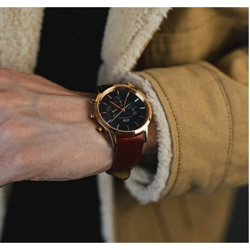 Daniel Wellington Iconic Chronograph Blue Dial Brown Leather Strap Watch For Men - DW00100639