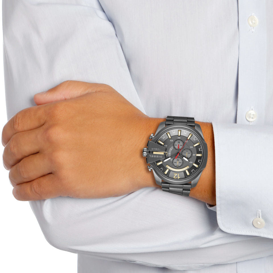Diesel Mega Chief Chronograph Grey Dial Grey Steel Strap Watch For Men - DZ4421