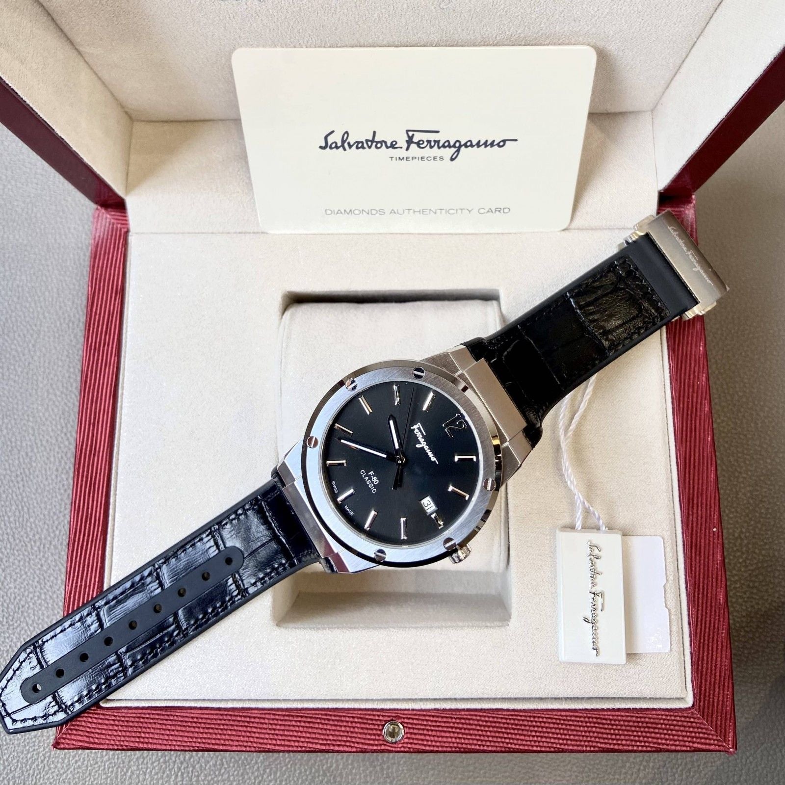 Salvatore Ferragamo F-80 Classic Black Dial Black Leather Strap Watch for Men - SFDT00219