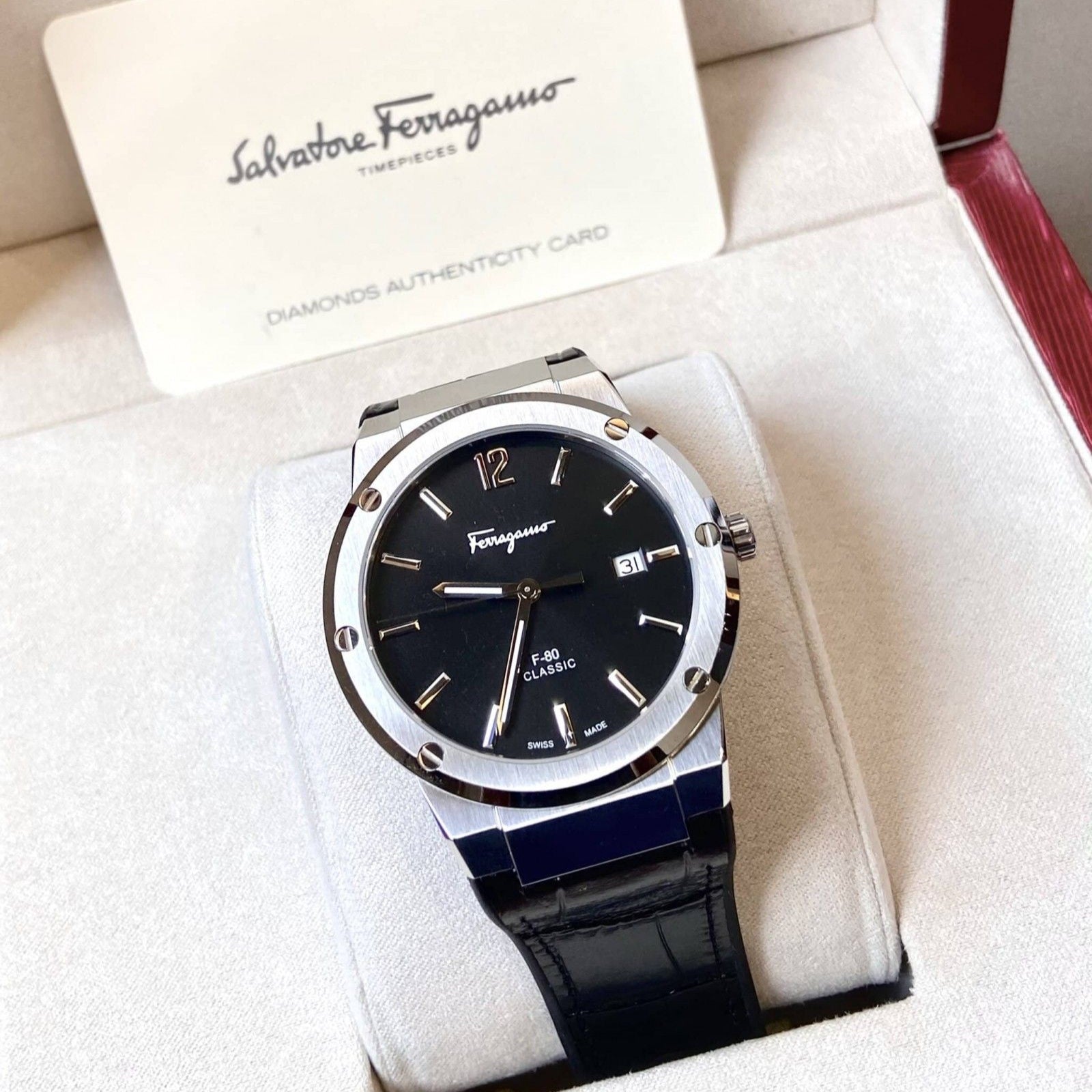 Salvatore Ferragamo F-80 Classic Black Dial Black Leather Strap Watch for Men - SFDT00219