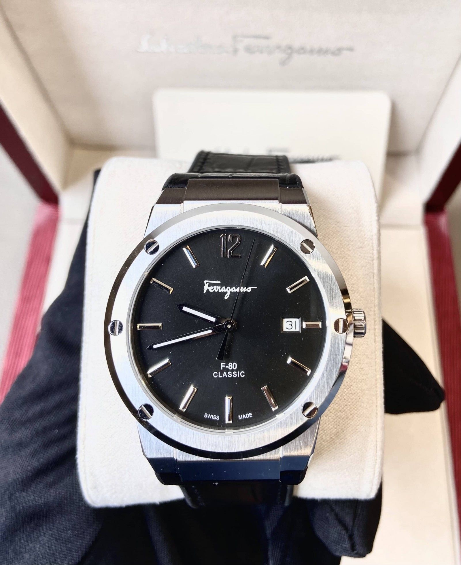 Salvatore Ferragamo F-80 Classic Black Dial Black Leather Strap Watch for Men - SFDT00219