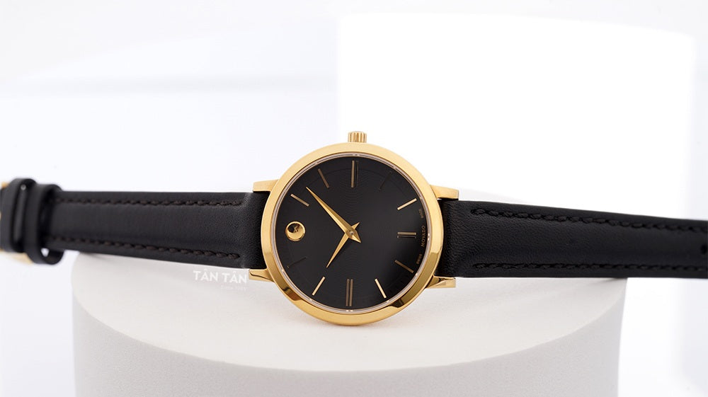 Movado Ultra Slim Black Dial Black Leather Strap Watch For Women - 0607095