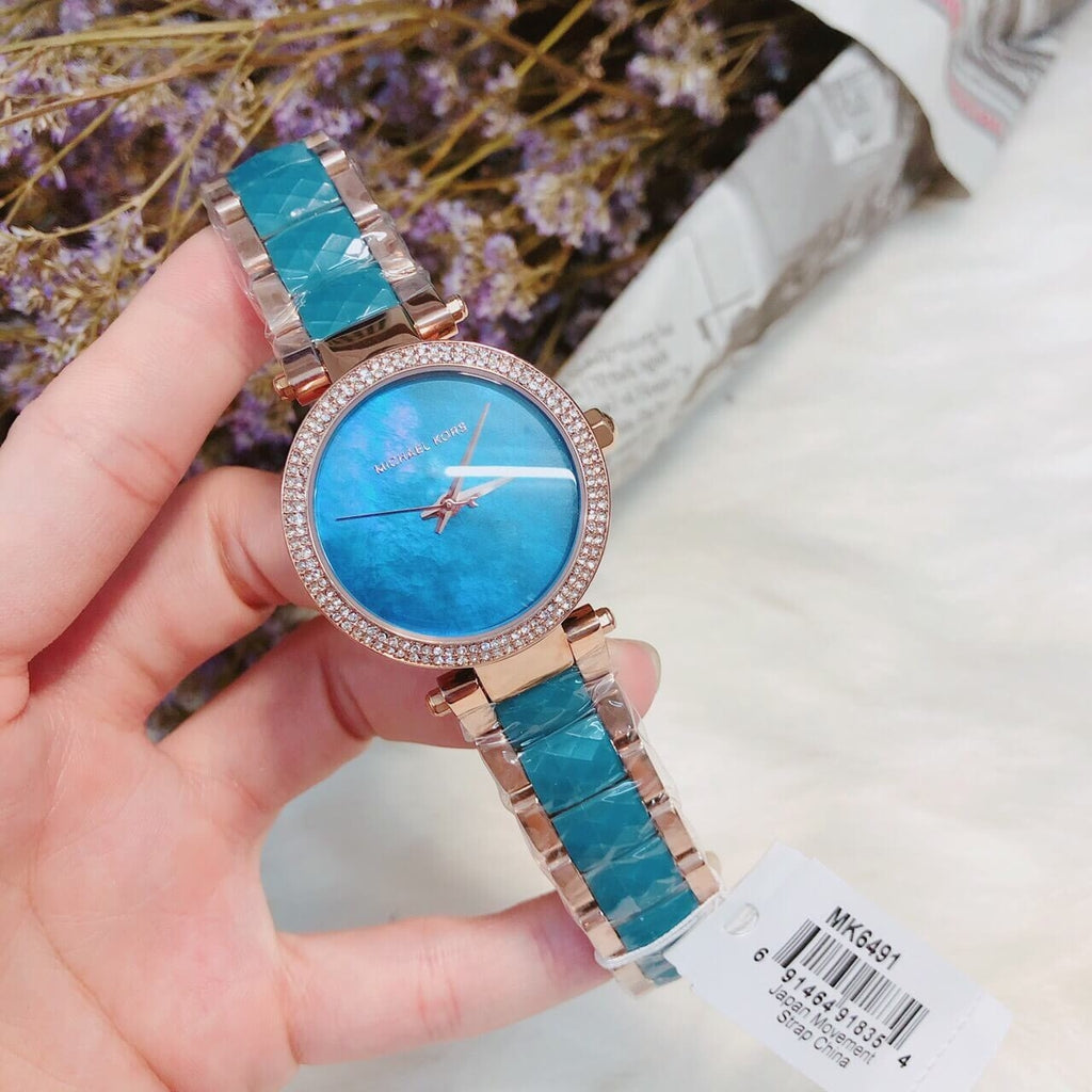 Michael Kors Parker Blue Mother of Pearl Dial Two Tone Steel Strap Watch for Women - MK6491