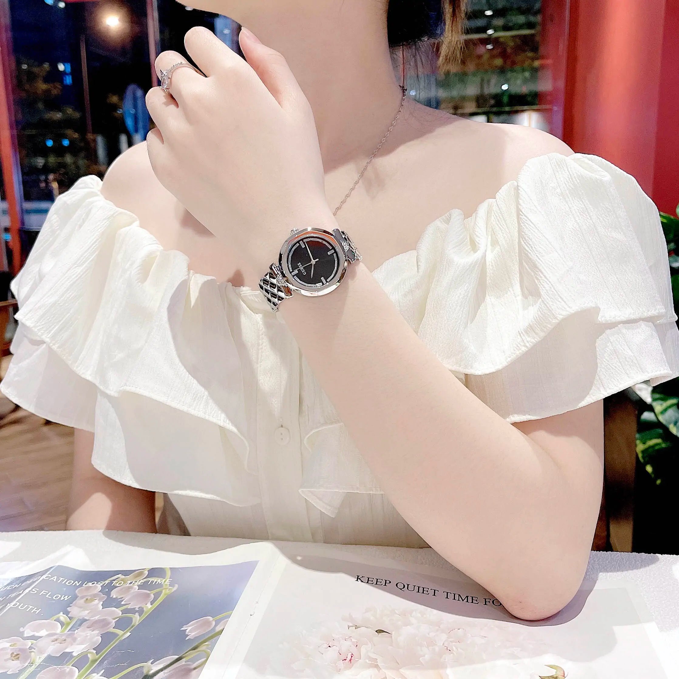 Guess Rumour Quartz Black Dial Silver Steel Strap Watch For Women - GW0613L1