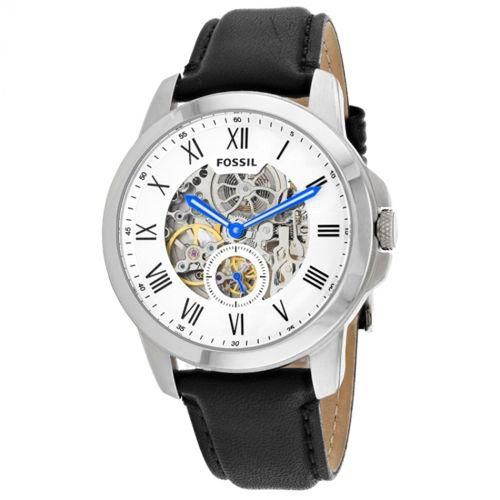Fossil Grant Skeleton White Dial Black Leather Strap Watch for Men - ME3053
