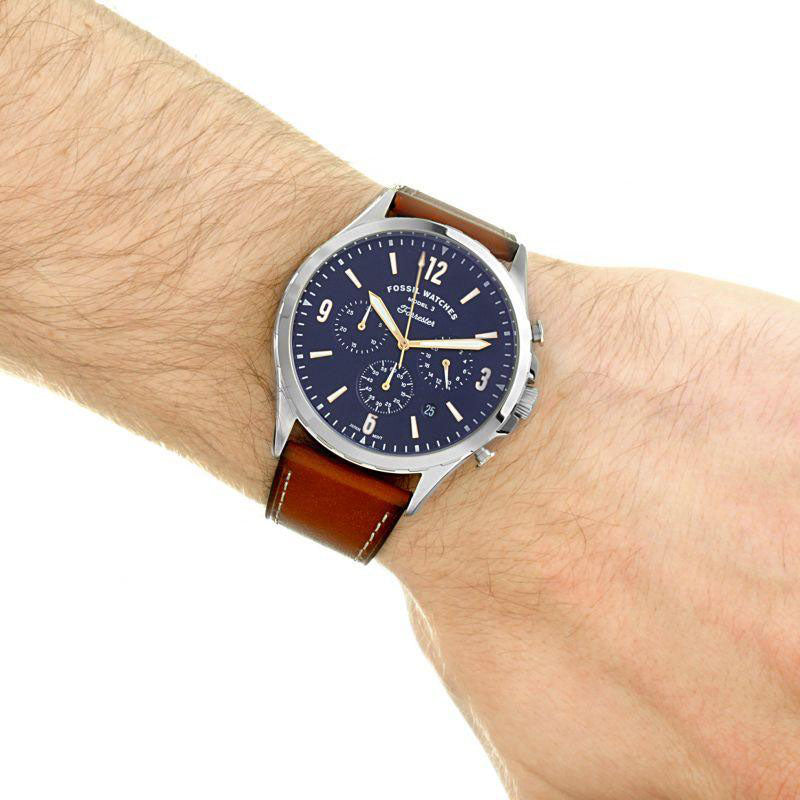 Fossil Forrester Chronograph Blue Dial Brown Leather Strap Watch for Men - S5607