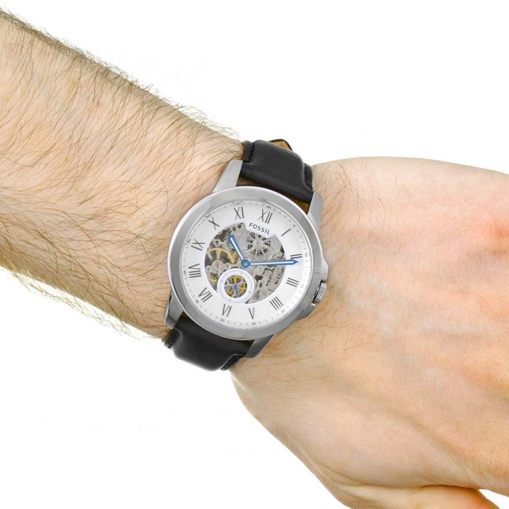 Fossil Grant Skeleton White Dial Black Leather Strap Watch for Men - ME3053