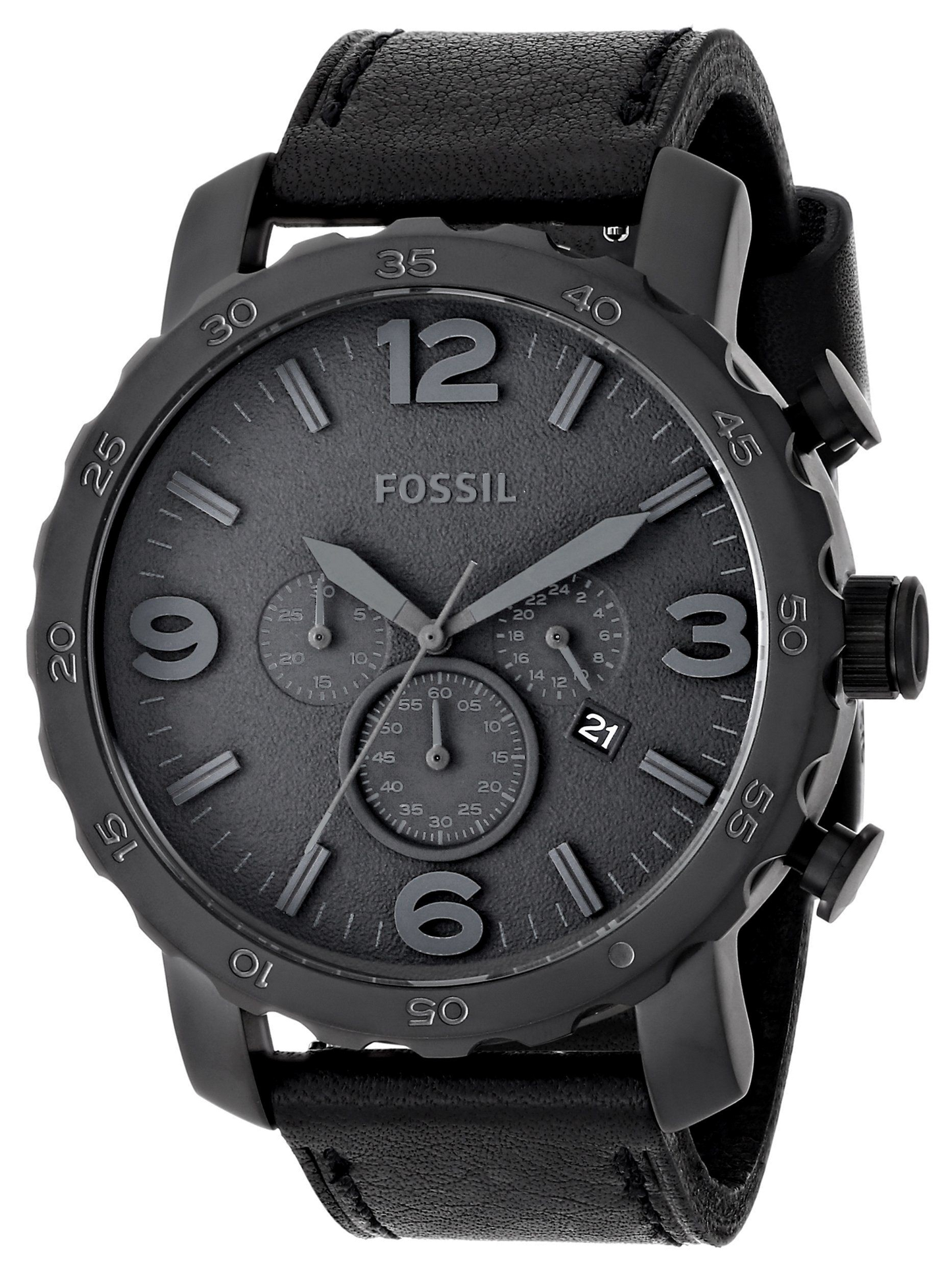 Fossil Nate Chronograph Black Dial Black Leather Strap Watch for Men - JR1354