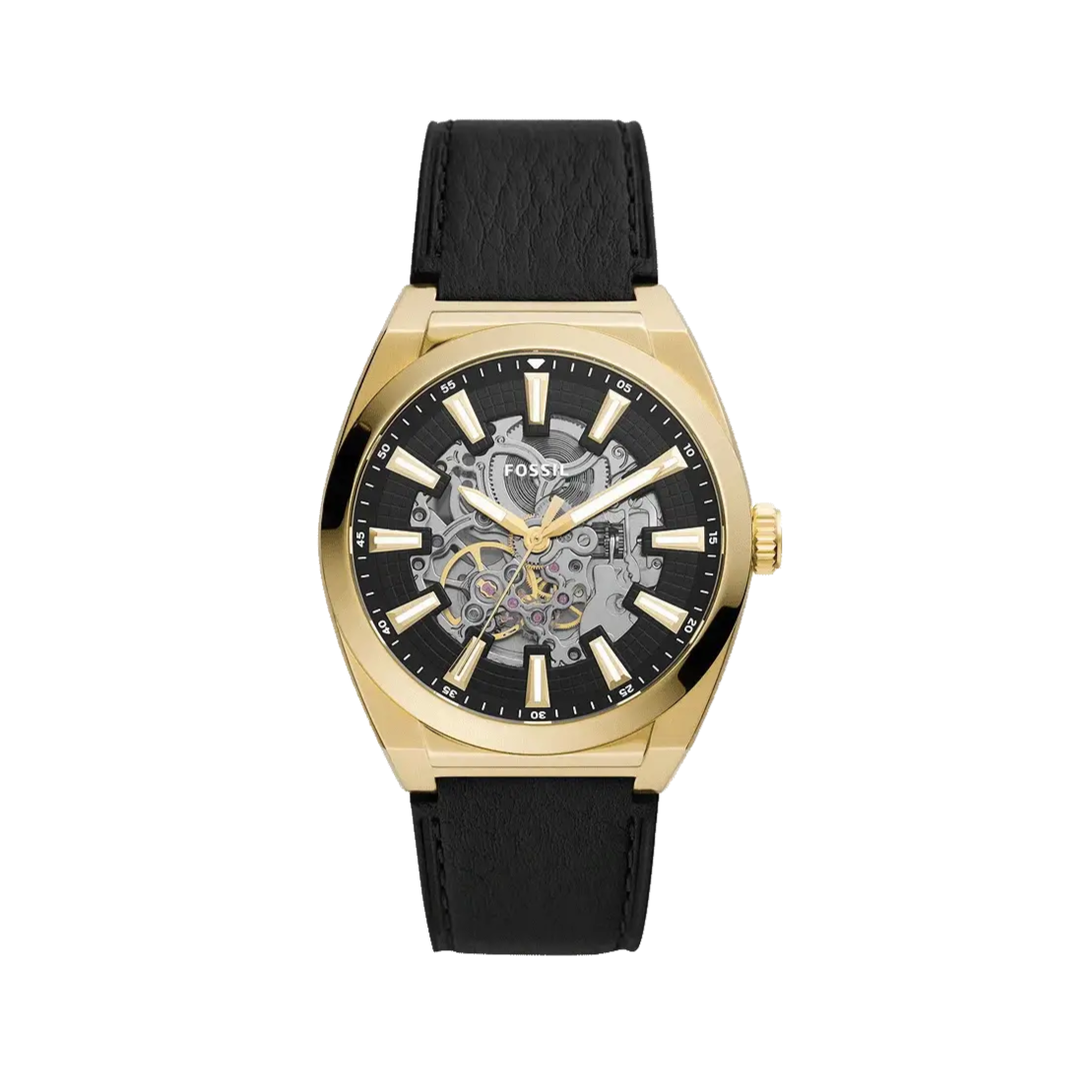 Fossil Everett Automatic Skeleton Black Dial Black Leather Strap Watch for Men - ME3208