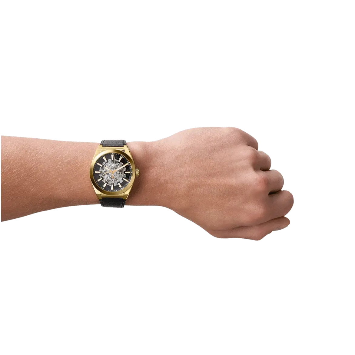 Fossil Everett Automatic Skeleton Black Dial Black Leather Strap Watch for Men - ME3208