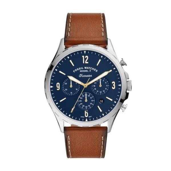 Fossil Forrester Chronograph Blue Dial Brown Leather Strap Watch for Men - S5607