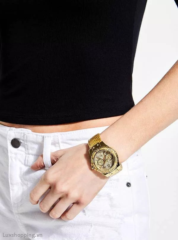 Guess Limelight Quartz Gold Dial Gold Leather Strap Watch For Women - W0775L13