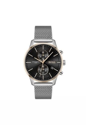 Hugo Boss Associate Black Dial Silver Mesh Bracelet Watch for Men - 1513805