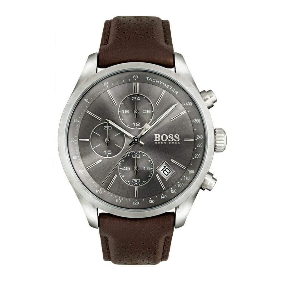 Hugo Boss Grand Prix Grey Dial Brown Leather Strap Watch for Men - 1513476