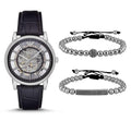 Emporio Armani Luigi Silver Skeleton Dial Black Leather Strap Watch For Men - AR1981