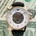 Emporio Armani Meccanico White Skeleton Dial Black Leather Strap Watch For Men - AR1924