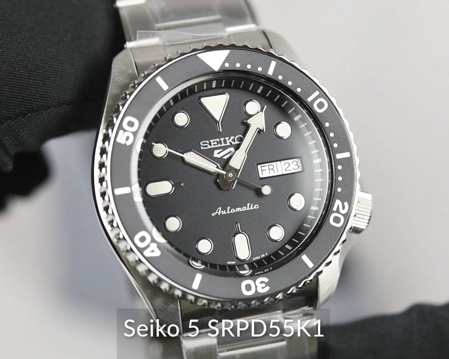 Seiko 5 Sports Automatic Day Date Black Dial Silver Steel Strap Watch for Men - SRPD55K1
