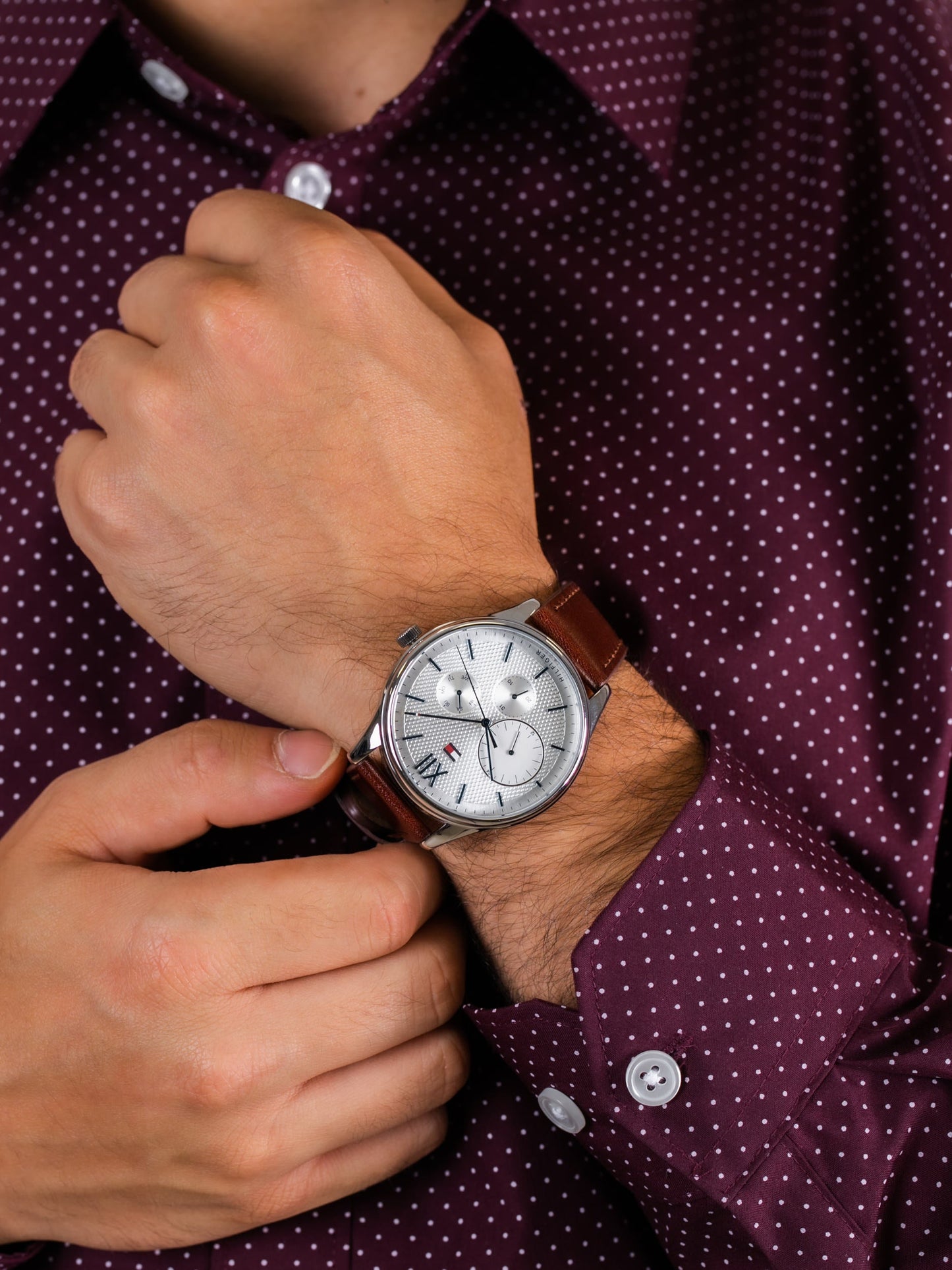 Tommy Hilfiger Damon Quartz White Dial Brown Leather Strap Watch for Men - 1791418
