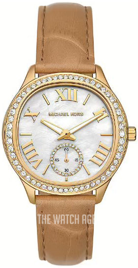 Michael Kors Sage Three-Hand Mother of Pearl White Dial Brown Leather Strap Watch for Women - MK4819