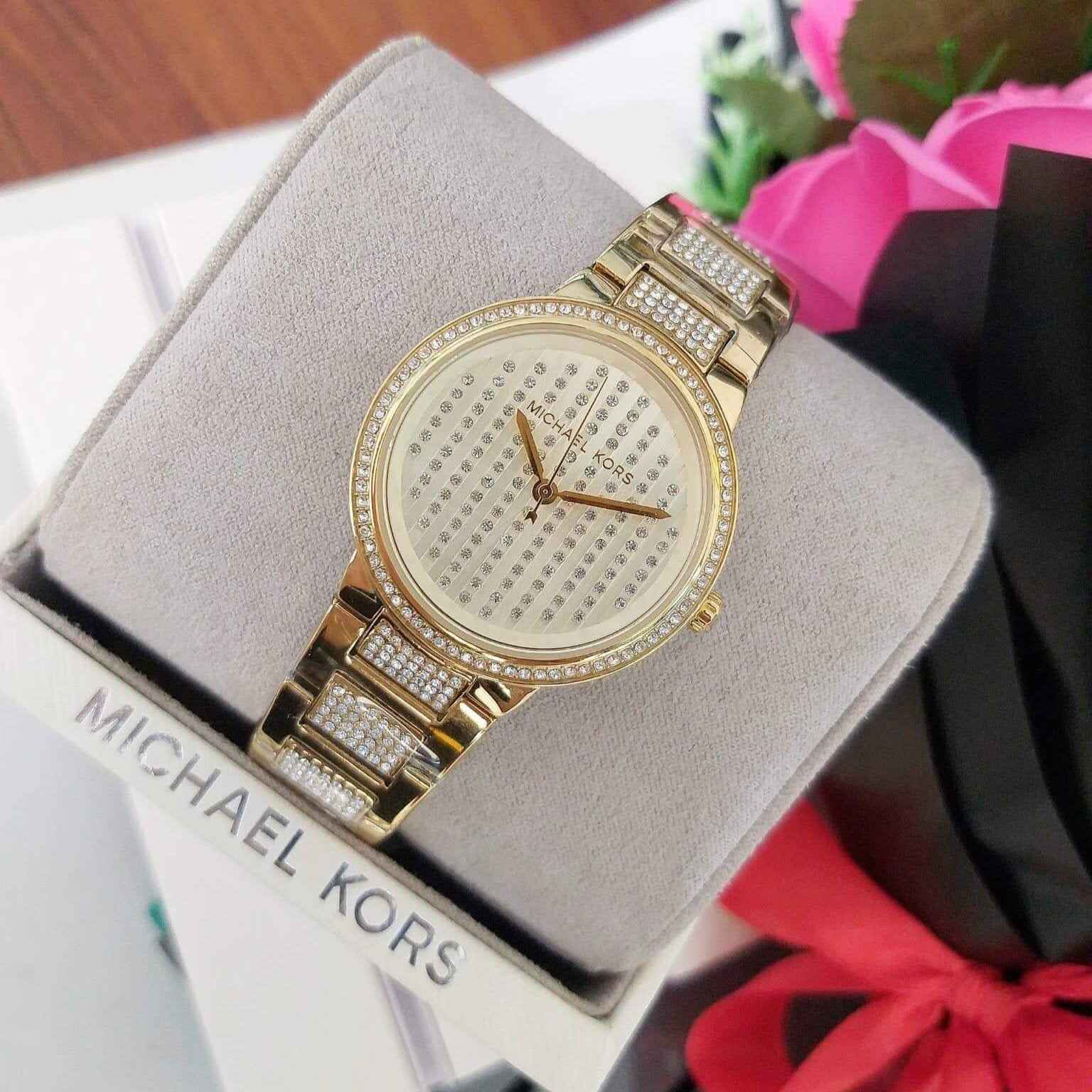 Michael Kors Gabbi Crystals Gold Dial Gold Steel Strap Watch For Women - MK3985