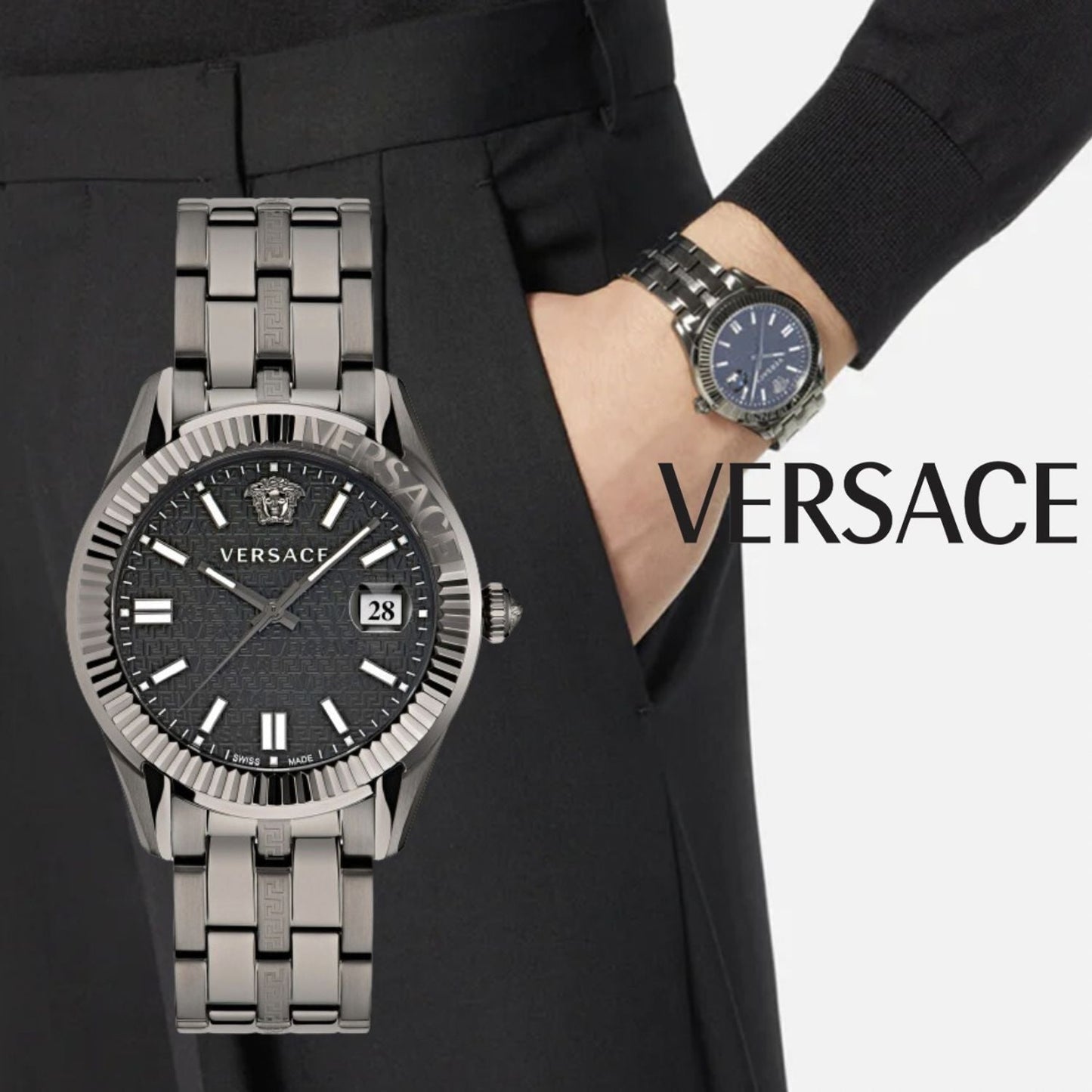 Versace Greca Time Quartz Black Dial Grey Steel Strap Watch for Men - VE3K00622