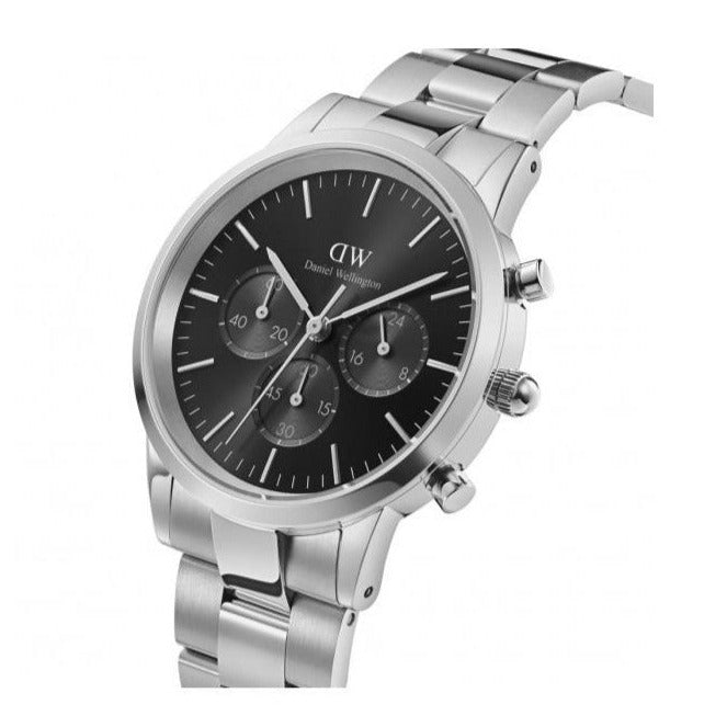 Daniel Wellington Iconic Chronograph Link Black Dial Silver Steel Strap Watch For Men - DW00100645