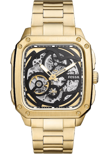Fossil Inscription Automatic Skeleton Black Dial Gold Steel Strap Watch for Men - BQ2573
