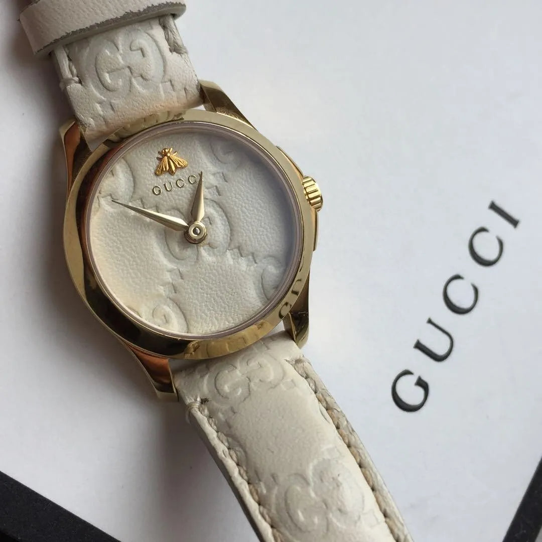 Gucci G Timeless Quartz White Dial White Leather Strap Watch For Women - YA126580A