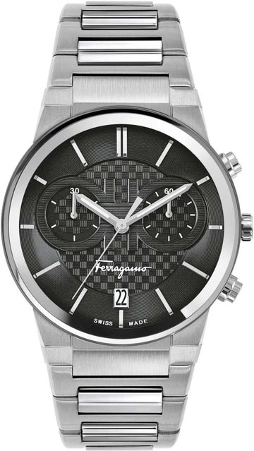 Salvatore Ferragamo Sapphire Chrono Black Dial Silver Steel Strap Watch for Men - SFME00321