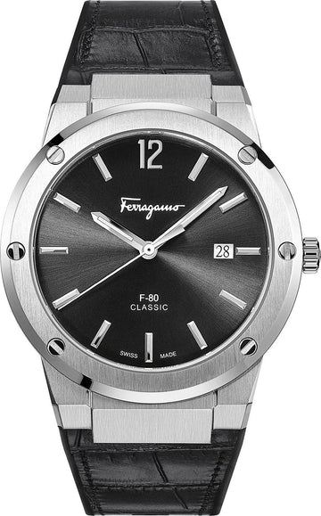 Salvatore Ferragamo F-80 Classic Black Dial Black Leather Strap Watch for Men - SFDT00219