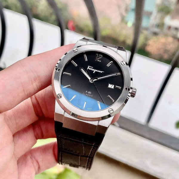 Salvatore Ferragamo F-80 Classic Black Dial Black Leather Strap Watch for Men - SFDT00219
