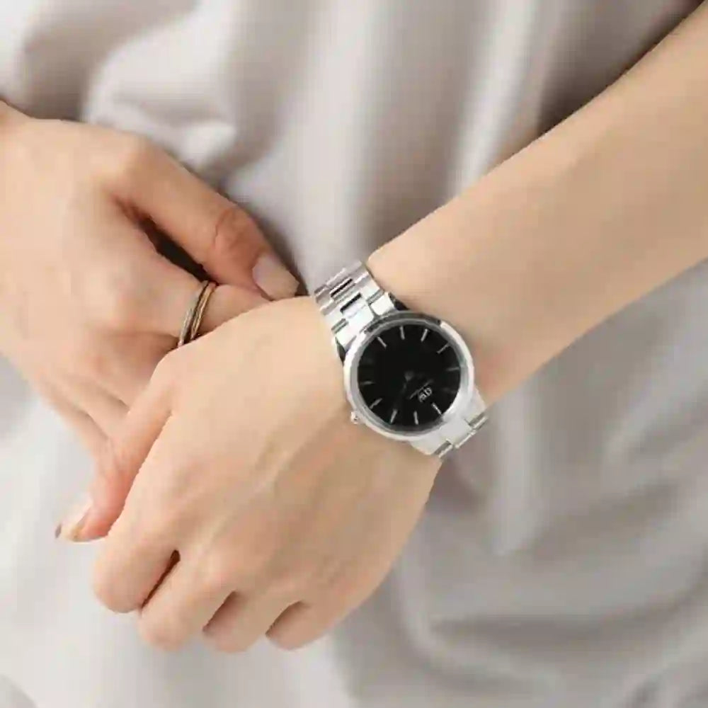 Daniel Wellington Iconic Link Black Dial Silver Steel Strap Watch for Women - DW00100204