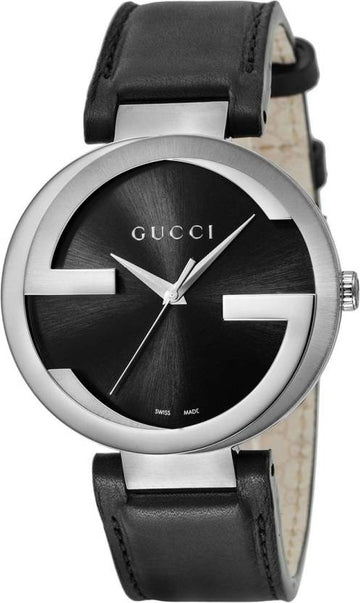 Gucci Interlocking G Iconic Black Dial Black Leather Strap Watch For Men - YA133205