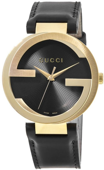 Gucci Interlocking G Gold Black Dial Black Leather Strap Unisex Watch - YA133326