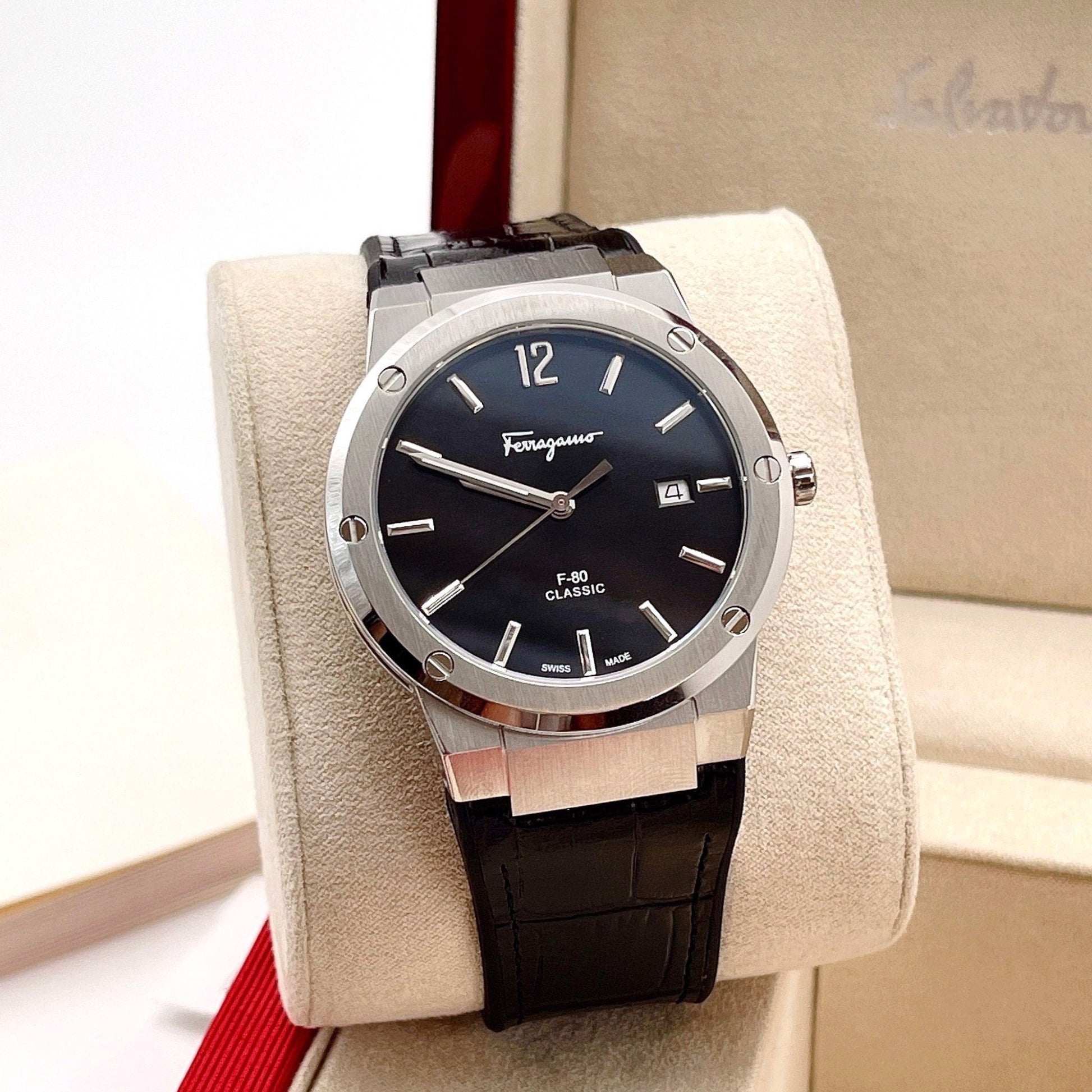 Salvatore Ferragamo F-80 Classic Black Dial Black Leather Strap Watch for Men - SFDT00219