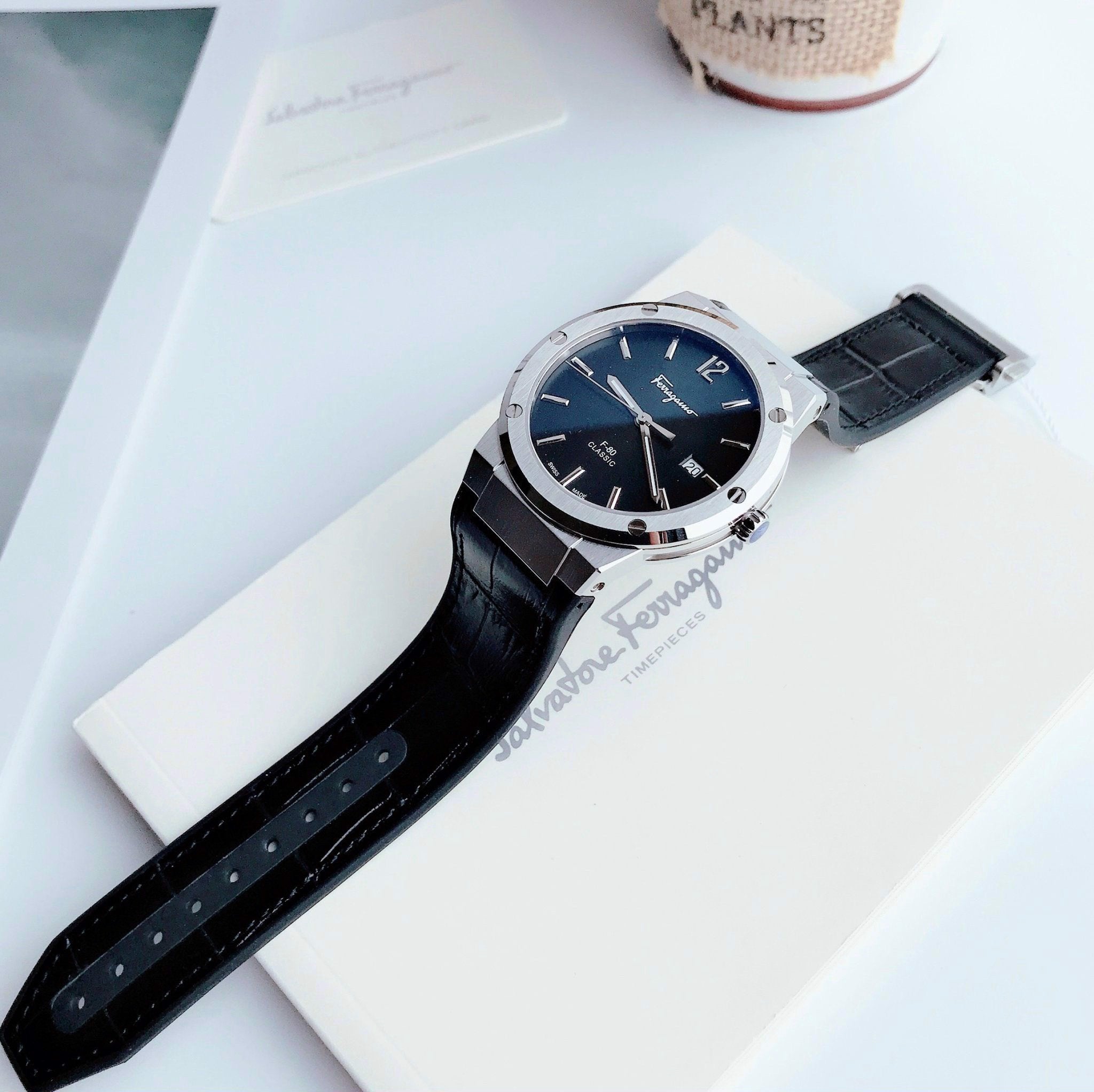 Salvatore Ferragamo F-80 Classic Black Dial Black Leather Strap Watch for Men - SFDT00219