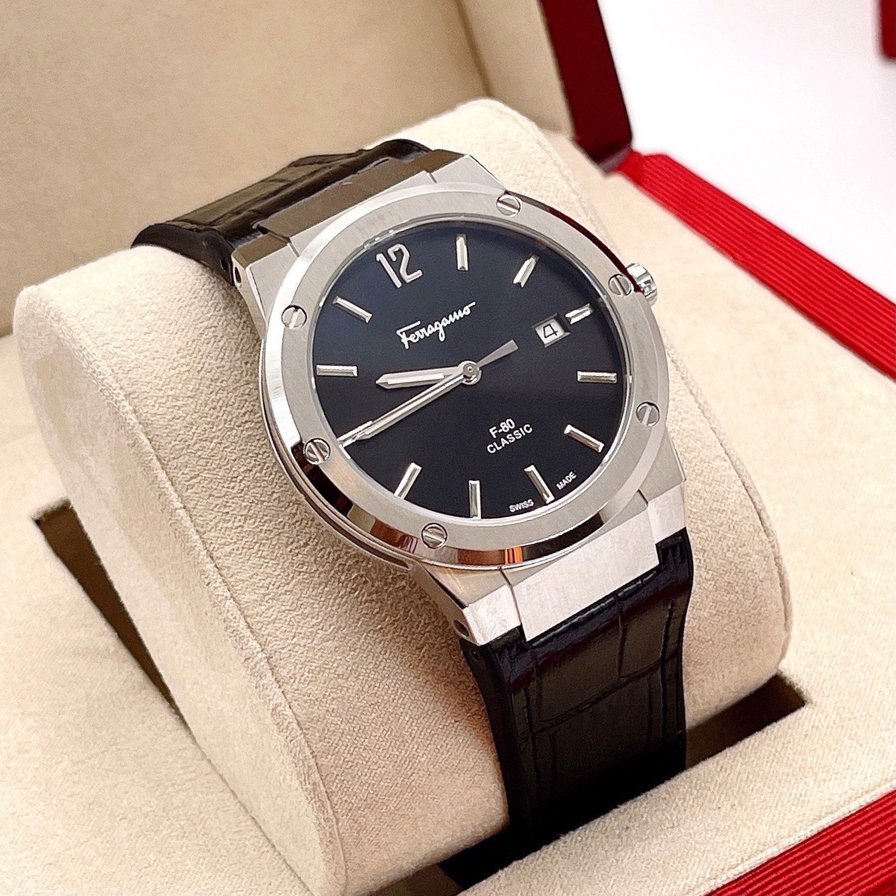 Salvatore Ferragamo F-80 Classic Black Dial Black Leather Strap Watch for Men - SFDT00219