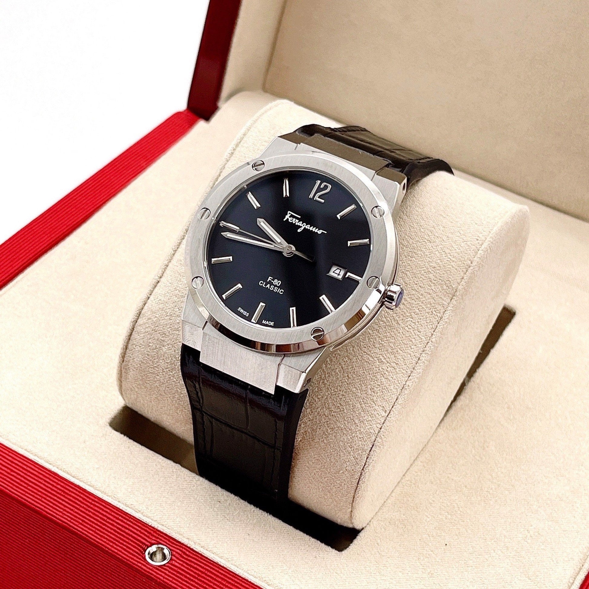 Salvatore Ferragamo F-80 Classic Black Dial Black Leather Strap Watch for Men - SFDT00219