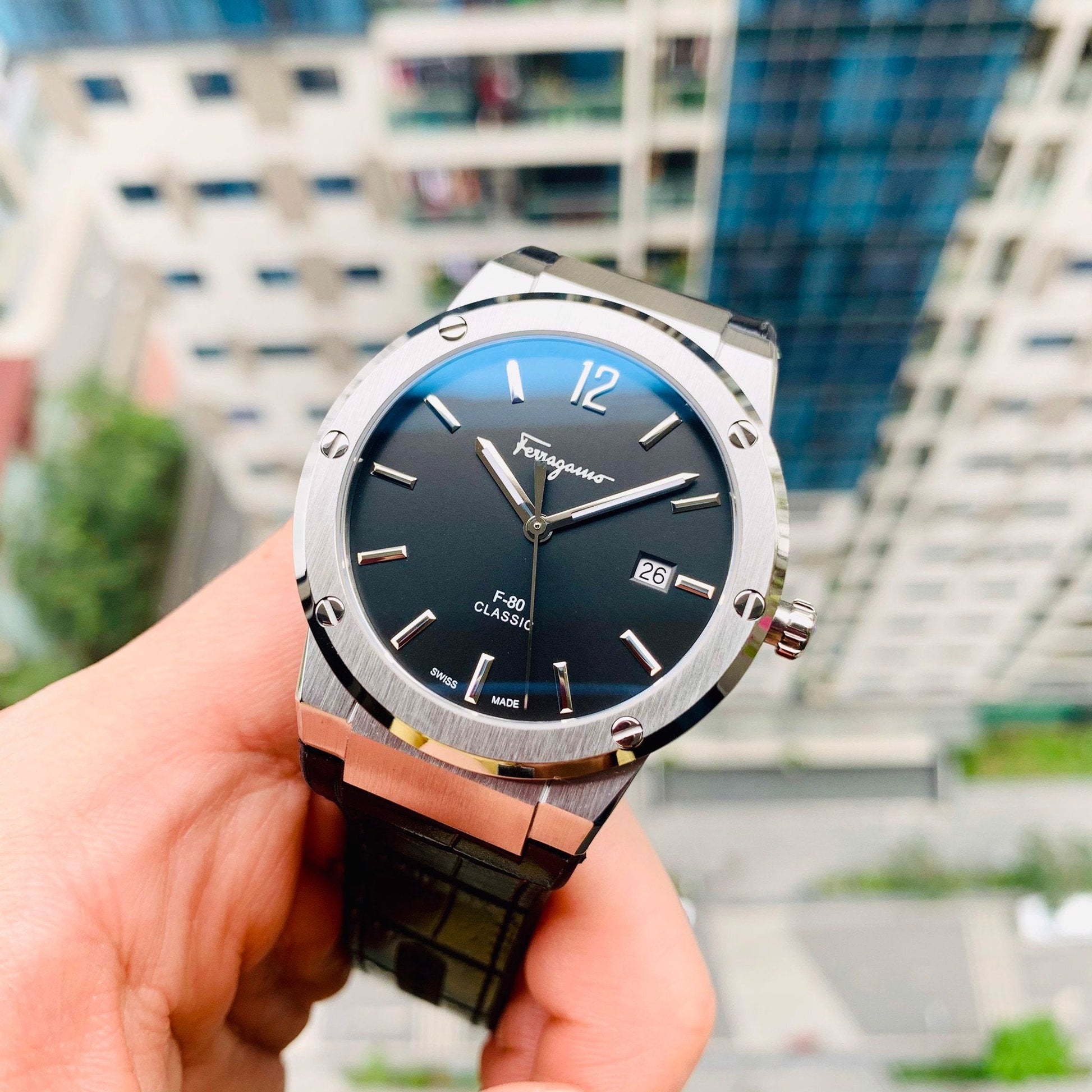 Salvatore Ferragamo F-80 Classic Black Dial Black Leather Strap Watch for Men - SFDT00219