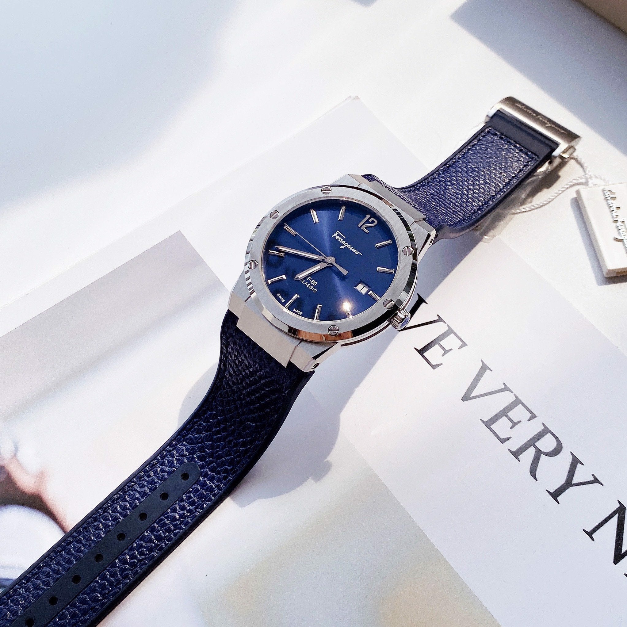 Salvatore Ferragamo F-80 Classic Blue Dial Blue Leather Strap Watch for Men - SFDT00719