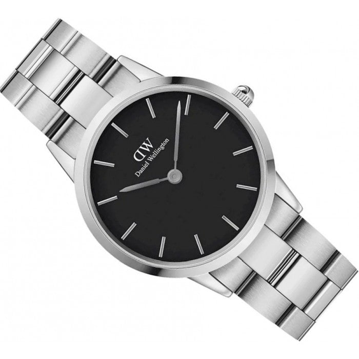 Daniel Wellington Iconic Link Black Dial Silver Steel Strap Watch for Women - DW00100204