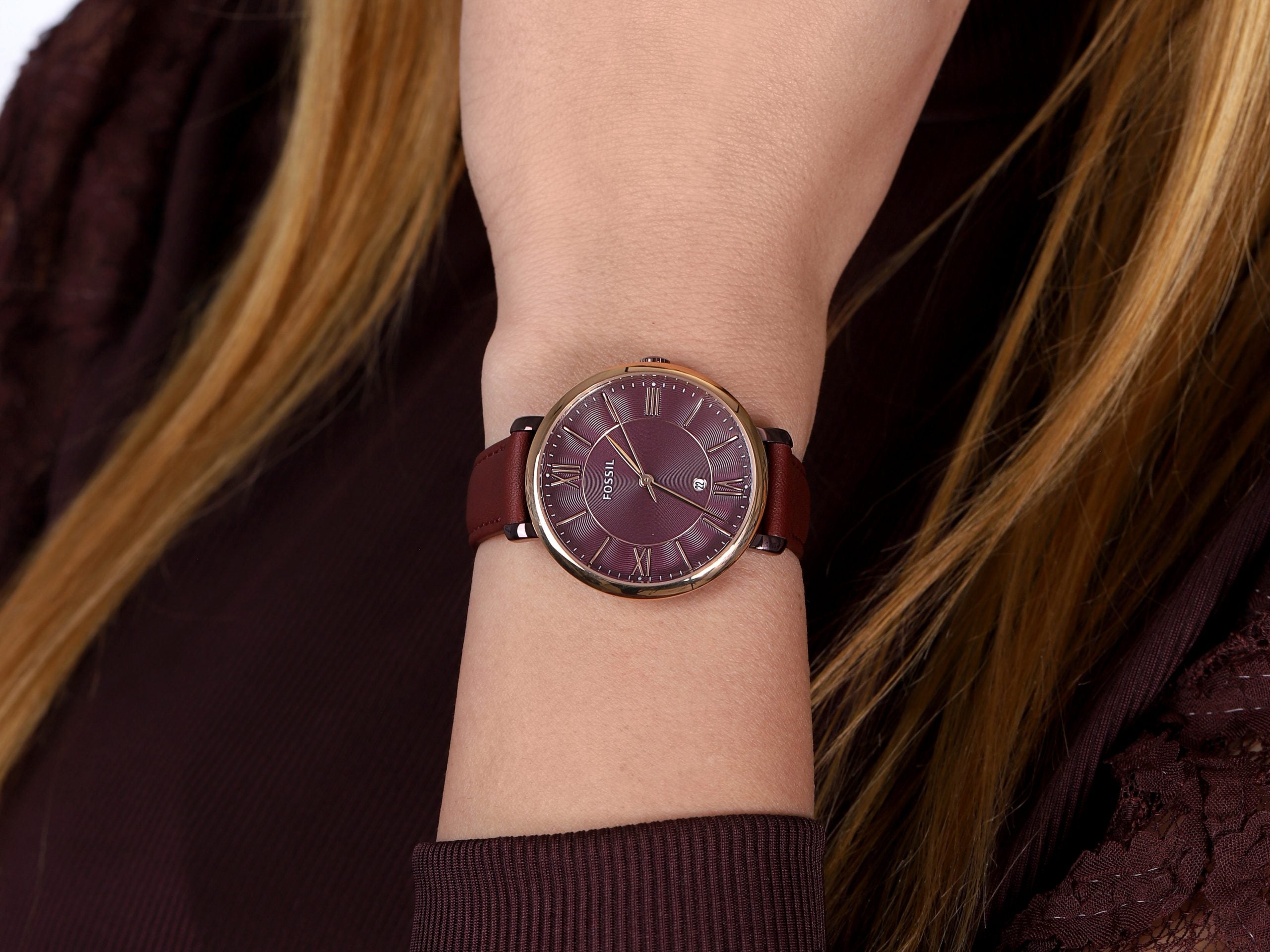 Fossil Jacqueline Burgundy Dial Burgundy Leather Strap Watch for Women - ES4099